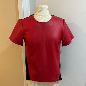 Leather Red Black Short Sleeve Pull Over Zip Funky Chic Top S